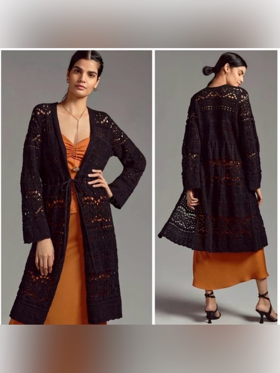 Anthropologie Sweaters - Anthropologie Crochet Pointelle Black Duster Sweater size Small